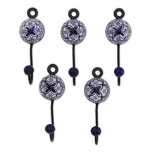 Load image into Gallery viewer, Five Hand-Painted Ceramic and Brass Coat Hooks from India - Charming Petals | NOVICA
