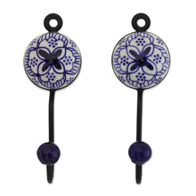 Load image into Gallery viewer, Five Hand-Painted Ceramic and Brass Coat Hooks from India - Charming Petals | NOVICA

