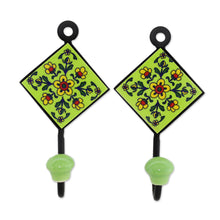 Load image into Gallery viewer, Pair of Floral Painted Ceramic Coat Hooks from India - Dainty Flowers | NOVICA
