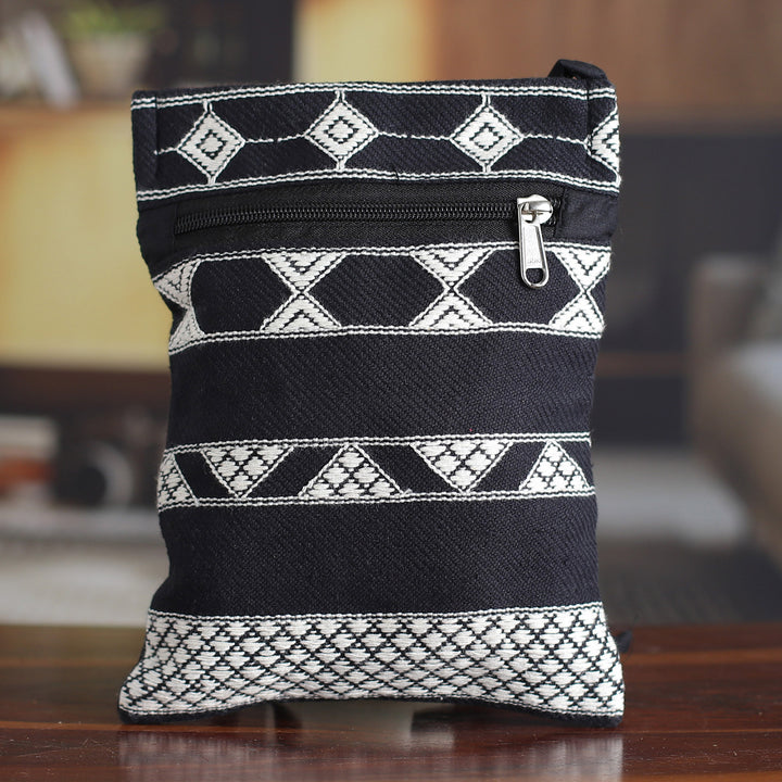 Hand Woven Black and White Cotton Sling Bag - Rajasthani Roads | NOVICA
