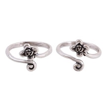 Load image into Gallery viewer, Flower Motif Toe Rings Handmade in Sterling Silver (Pair) - Flower and Swirl | NOVICA
