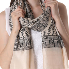 Load image into Gallery viewer, Black and Ecru Hand Stamped Block Print Silk Shawl - Climbing Vines | NOVICA
