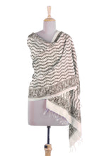 Load image into Gallery viewer, Black and Ecru Hand Stamped Block Print Silk Shawl - Climbing Vines | NOVICA
