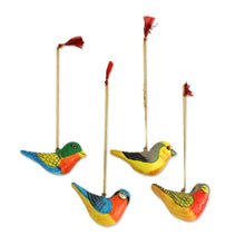 Load image into Gallery viewer, Four Colorful Papier Mache Bird Ornaments from India - Chirping Sparrows | NOVICA
