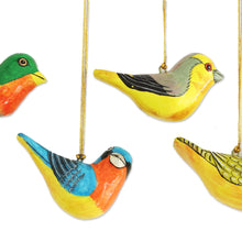 Load image into Gallery viewer, Four Colorful Papier Mache Bird Ornaments from India - Chirping Sparrows | NOVICA
