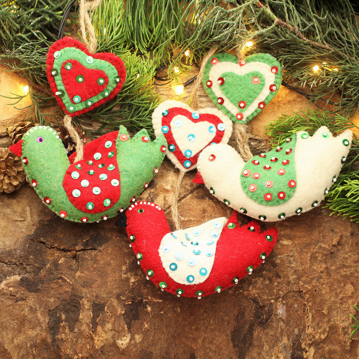 Heart and Bird-Shaped Wool Ornaments (Set of 6) from India - Love Messengers | NOVICA