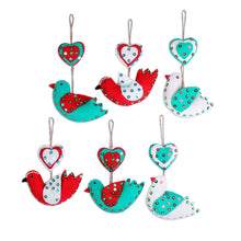 Load image into Gallery viewer, Heart and Bird-Shaped Wool Ornaments (Set of 6) from India - Love Messengers | NOVICA
