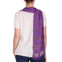 Load image into Gallery viewer, Purple Rayon Backstrap Loom Handwoven Scarf - Mystic Maya Orchids | NOVICA
