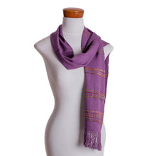 Load image into Gallery viewer, Purple Rayon Backstrap Loom Handwoven Scarf - Mystic Maya Orchids | NOVICA
