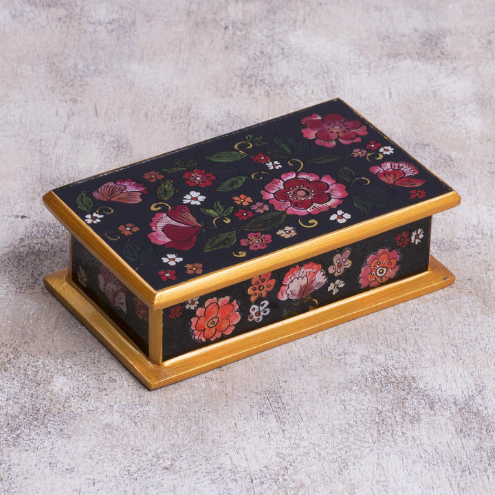 Reverse-Painted Glass Decorative Box in Black from Peru - Colonial Bouquet | NOVICA