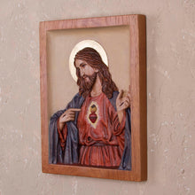 Load image into Gallery viewer, Hand-Painted Cedar Wood Wall Relief Panel of Jesus from Peru - Divine Heart | NOVICA
