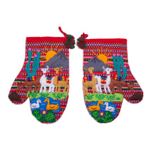 Load image into Gallery viewer, Hand Made Cotton Arpillera Decorative Mitts Featuring Llamas - Llama Walk | NOVICA
