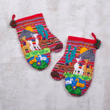 Load image into Gallery viewer, Hand Made Cotton Arpillera Decorative Mitts Featuring Llamas - Llama Walk | NOVICA
