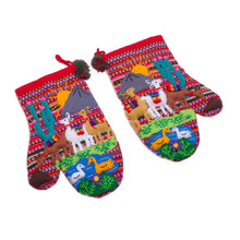 Load image into Gallery viewer, Hand Made Cotton Arpillera Decorative Mitts Featuring Llamas - Llama Walk | NOVICA
