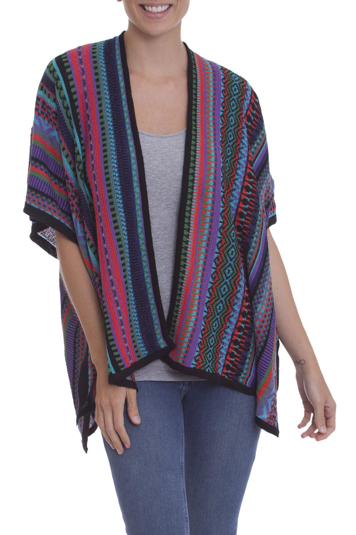 Fuchsia and Multi-Color Striped Acrylic Knit Ruana - Garden Strata | NOVICA