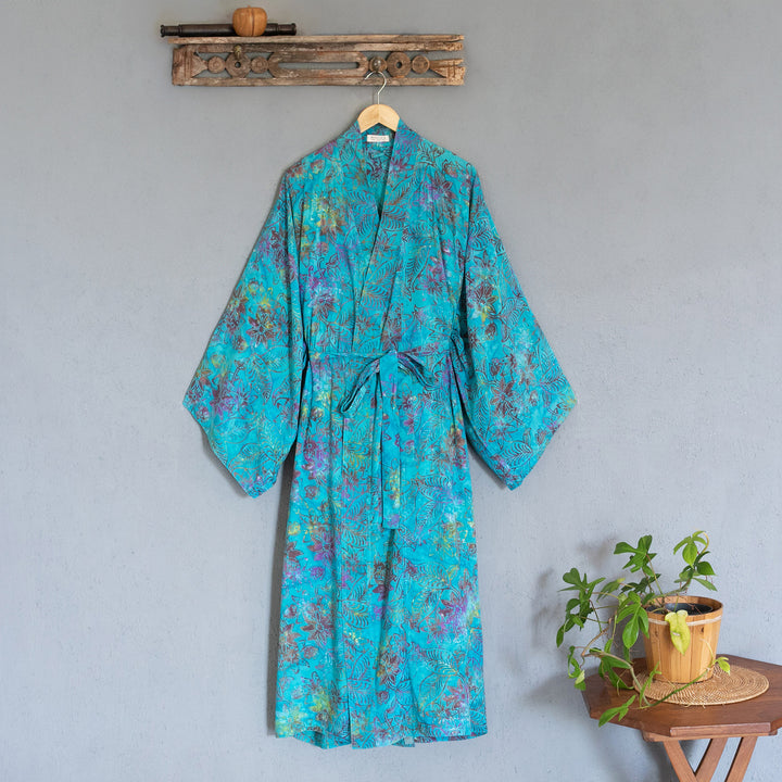 Turquoise Batik Long Sleeved Rayon Robe with Belt - Ocean Eden | NOVICA