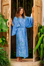 Load image into Gallery viewer, Green and Blue Batik Print Long Sleeved Rayon Robe with Belt - Ubud Grove | NOVICA
