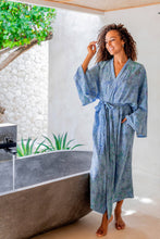 Load image into Gallery viewer, Green and Blue Batik Print Long Sleeved Rayon Robe with Belt - Ubud Grove | NOVICA
