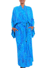 Load image into Gallery viewer, Blue and Green Batik Print Long Sleeved Rayon Robe with Belt - Floral Breeze | NOVICA
