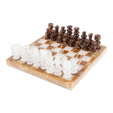 Load image into Gallery viewer, Onyx and Marble Mini Chess Set in Brown and Ivory (5 In) - Brown and Ivory Challenge | NOVICA
