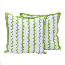 Load image into Gallery viewer, Green and White Cotton Printed Vines Pair of Cushion Covers - Green Vines | NOVICA
