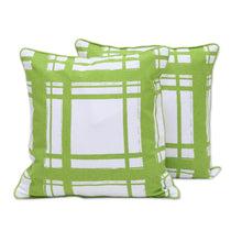 Load image into Gallery viewer, Screen Printed Green 100% Cotton Cushion Cover Pair India - Green Skylight | NOVICA
