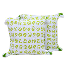 Load image into Gallery viewer, 100% Cotton Green and White Print Cushion Covers (Pair) - Forest Swirls | NOVICA
