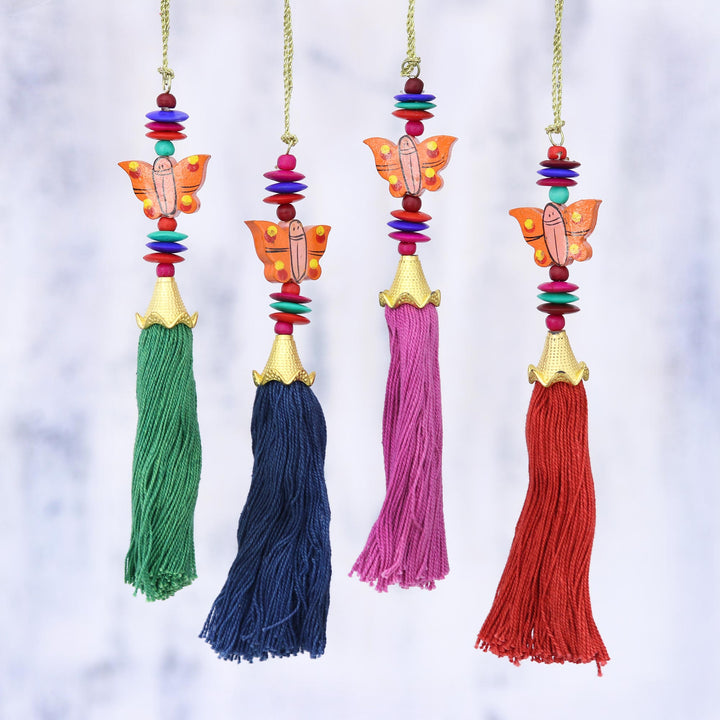 Wood Butterfly and Tassel Holiday Ornaments (Set of 4) - Butterfly Fantasy | NOVICA