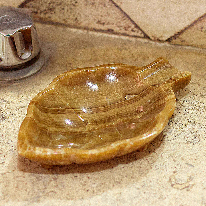 Handcrafted Leaf-Shaped Onyx Catchall in Brown from Mexico - Handy Leaf in Brown | NOVICA