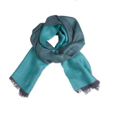 Load image into Gallery viewer, Baby Alpaca and Silk Blend Teal and Grey Reversible Scarf - Options in Teal | NOVICA
