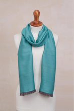 Load image into Gallery viewer, Baby Alpaca and Silk Blend Teal and Grey Reversible Scarf - Options in Teal | NOVICA
