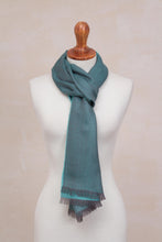 Load image into Gallery viewer, Baby Alpaca and Silk Blend Teal and Grey Reversible Scarf - Options in Teal | NOVICA
