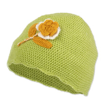 Load image into Gallery viewer, Floral Crocheted Alpaca Blend Hat in Chartreuse from Peru - Sweet Blossom | NOVICA
