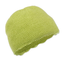 Load image into Gallery viewer, Floral Crocheted Alpaca Blend Hat in Chartreuse from Peru - Sweet Blossom | NOVICA
