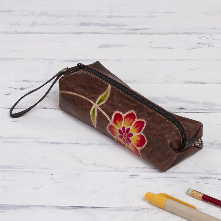 Brown Leather Pencil Case with Hand Painted Flower - Moray Flower | NOVICA