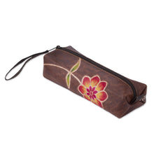 Load image into Gallery viewer, Brown Leather Pencil Case with Hand Painted Flower - Moray Flower | NOVICA
