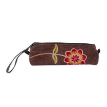 Load image into Gallery viewer, Brown Leather Pencil Case with Hand Painted Flower - Moray Flower | NOVICA
