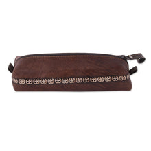 Load image into Gallery viewer, Brown Leather Pencil Case with Hand Painted Flower - Moray Flower | NOVICA
