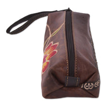 Load image into Gallery viewer, Brown Leather Pencil Case with Hand Painted Flower - Moray Flower | NOVICA
