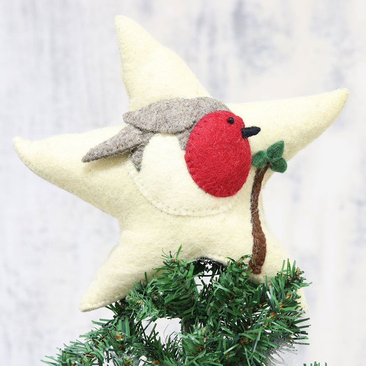 Star-Shaped Wool Felt Tree Topper from India - Robin Star | NOVICA