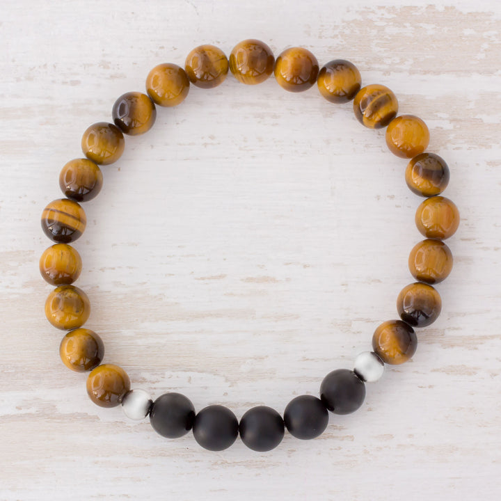 Men's Tiger's Eye and Black Agate Stretch Bracelet - Magnitude | NOVICA