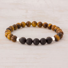 Load image into Gallery viewer, Men's Tiger's Eye and Black Agate Stretch Bracelet - Magnitude | NOVICA

