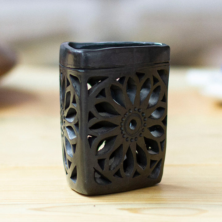 Oaxaca Barro Negro Triangular Floral Ceramic Pencil Holder - Oaxacan Dusk | NOVICA