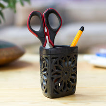 Load image into Gallery viewer, Oaxaca Barro Negro Triangular Floral Ceramic Pencil Holder - Oaxacan Dusk | NOVICA
