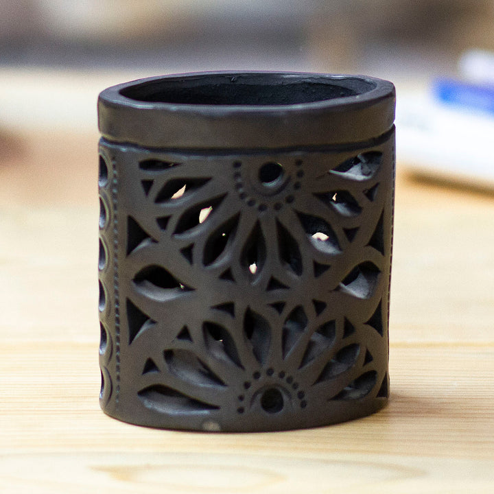 Oaxaca Barro Negro Ceramic Oval Pencil Holder - Oaxacan Ellipse | NOVICA
