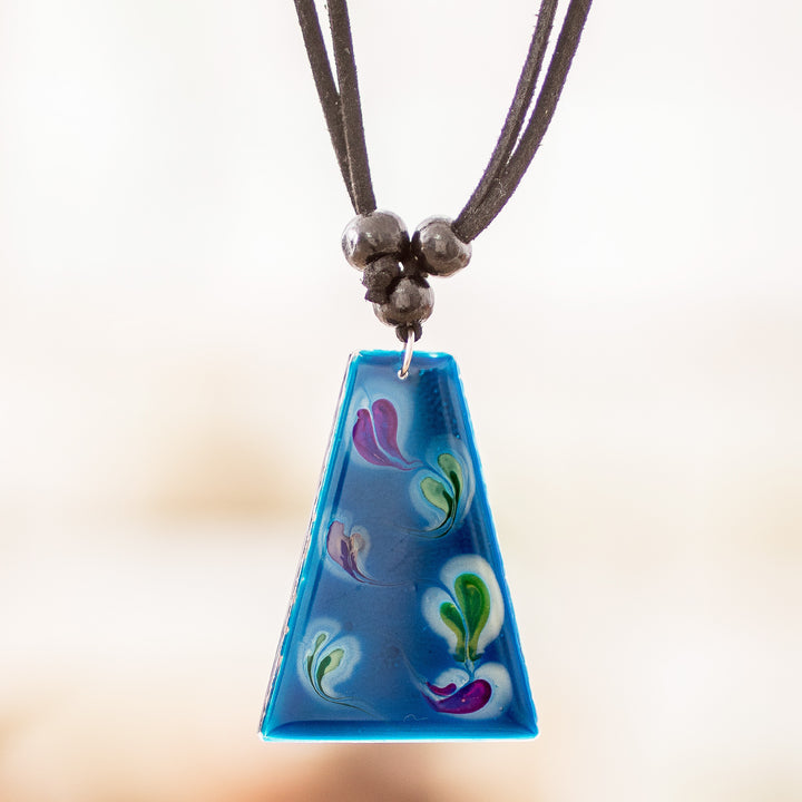 Blue Trapezoid Art Glass Pendant Necklace from Costa Rica - Deep Sea Currents | NOVICA