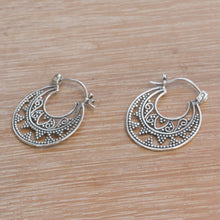 Load image into Gallery viewer, Sterling Silver Hoop Earrings Handcrafted in Bali - Moonlight Descent | NOVICA
