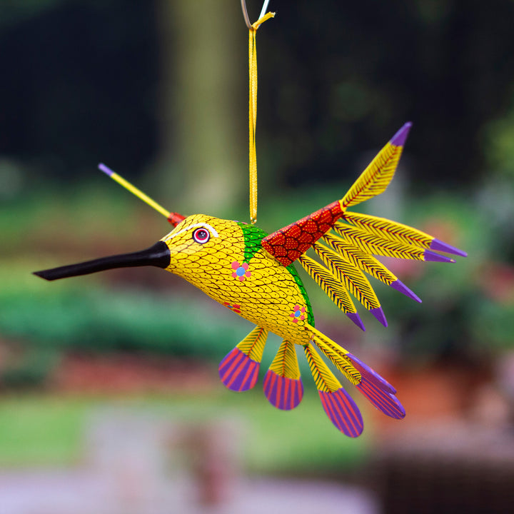 Copal Wood Yellow Colorful Alebrije Hummingbird Ornament - Fanciful Flutter in Yellow | NOVICA