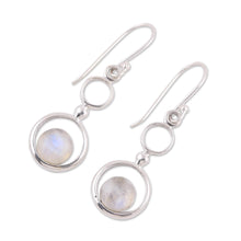 Load image into Gallery viewer, Rainbow Moonstone and Sterling Silver Circle Dangle Earrings - Dancing Moon | NOVICA
