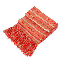 Load image into Gallery viewer, Hand Woven Red Striped Rayon Wrap Scarf from Guatemala - Sweet Surprise | NOVICA
